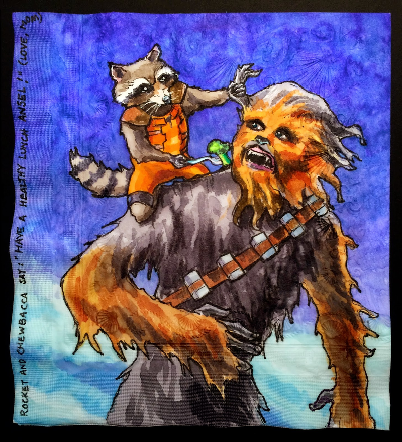 Illustration for article titled Napkin doodles reach new heights with Star Wars characters riding dinosaurs